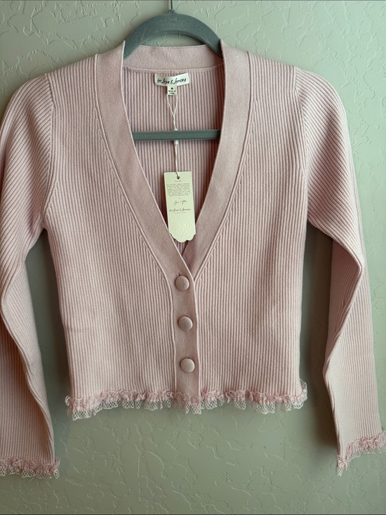 For Love And Lemons Sweaters - For Love & Lemons Nina Cardigan in Light Pink Ribbed Button with Lace Trim